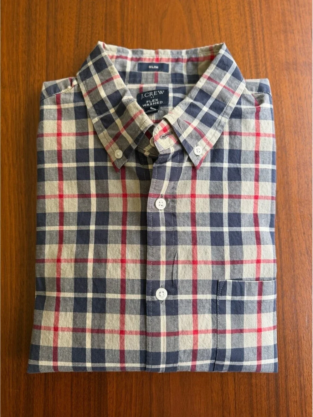 J.Crew Flex Washed Slim Fit Long Sleeve Tan/Navy/Red Plaid Shirt - Size L